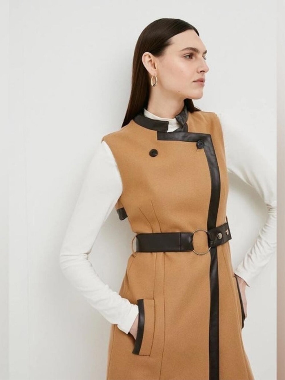 $598 New Karen Millen Camel  Faux Leather Long Vest Sleeveless Trench Wool Sz 10 - Picture 3 of 6